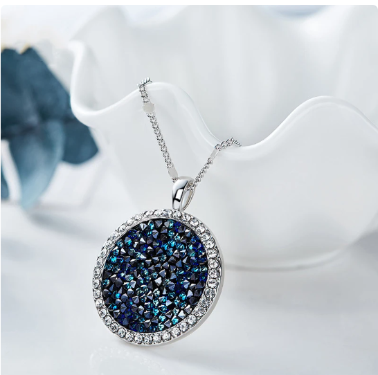 Austrian Crystal dust Sapphire Disc Drop Necklace ITALY Made