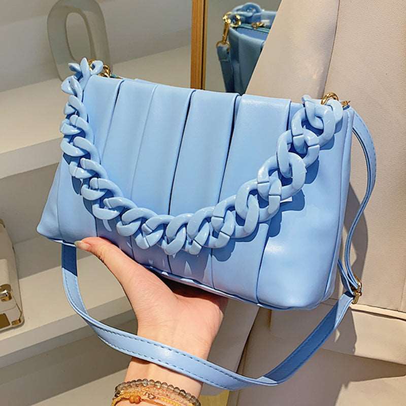 Crossbody Shoulder Bag Chain handle and designer pleats in blue