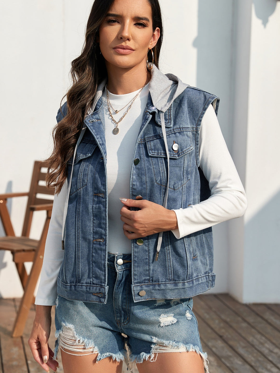 Button Up Hooded Denim Jacket