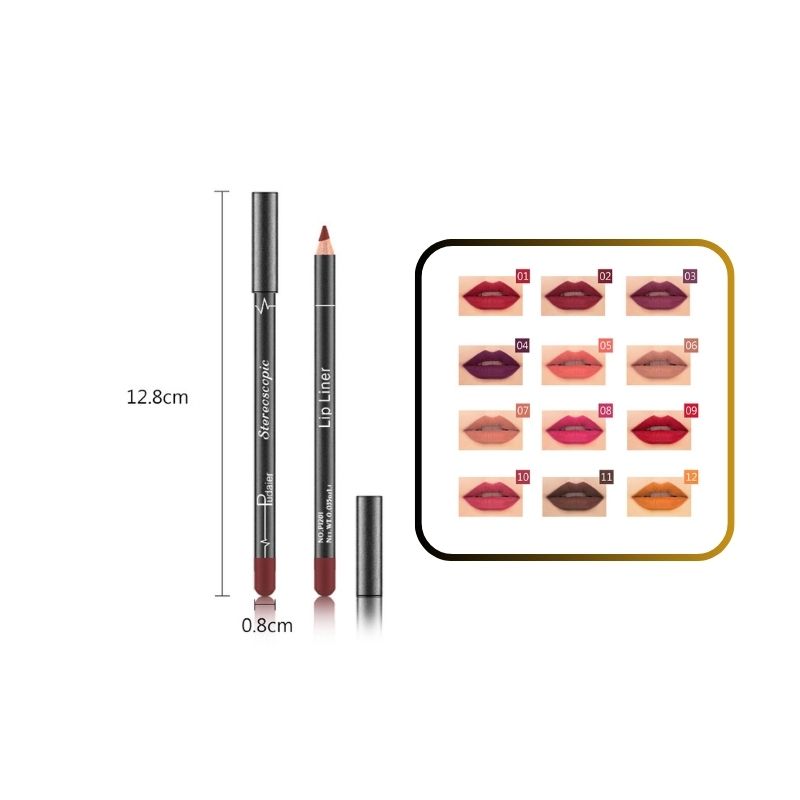 12 professional makeup pencils, the picture is a photo of 12 photos of lips in combination with the colors of the pencils, and a picture that describes the size and shape of the pencils