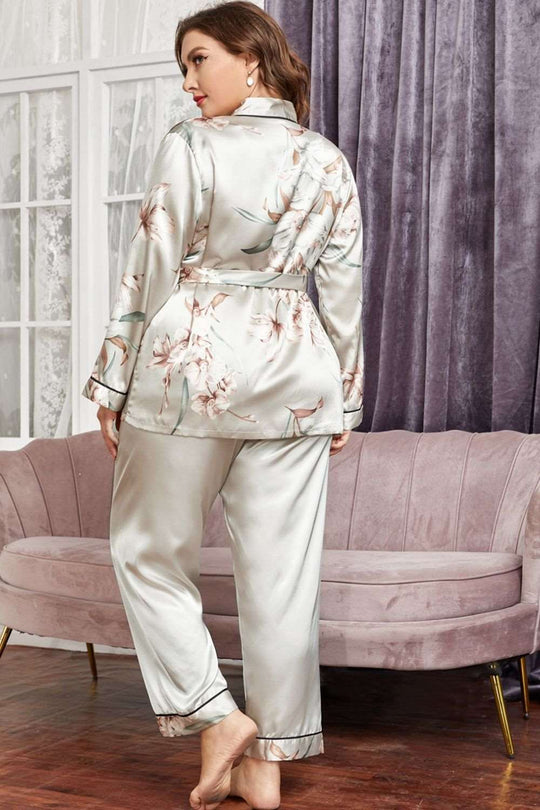 100% satin Floral Belted Robe and Pants Pajama Set