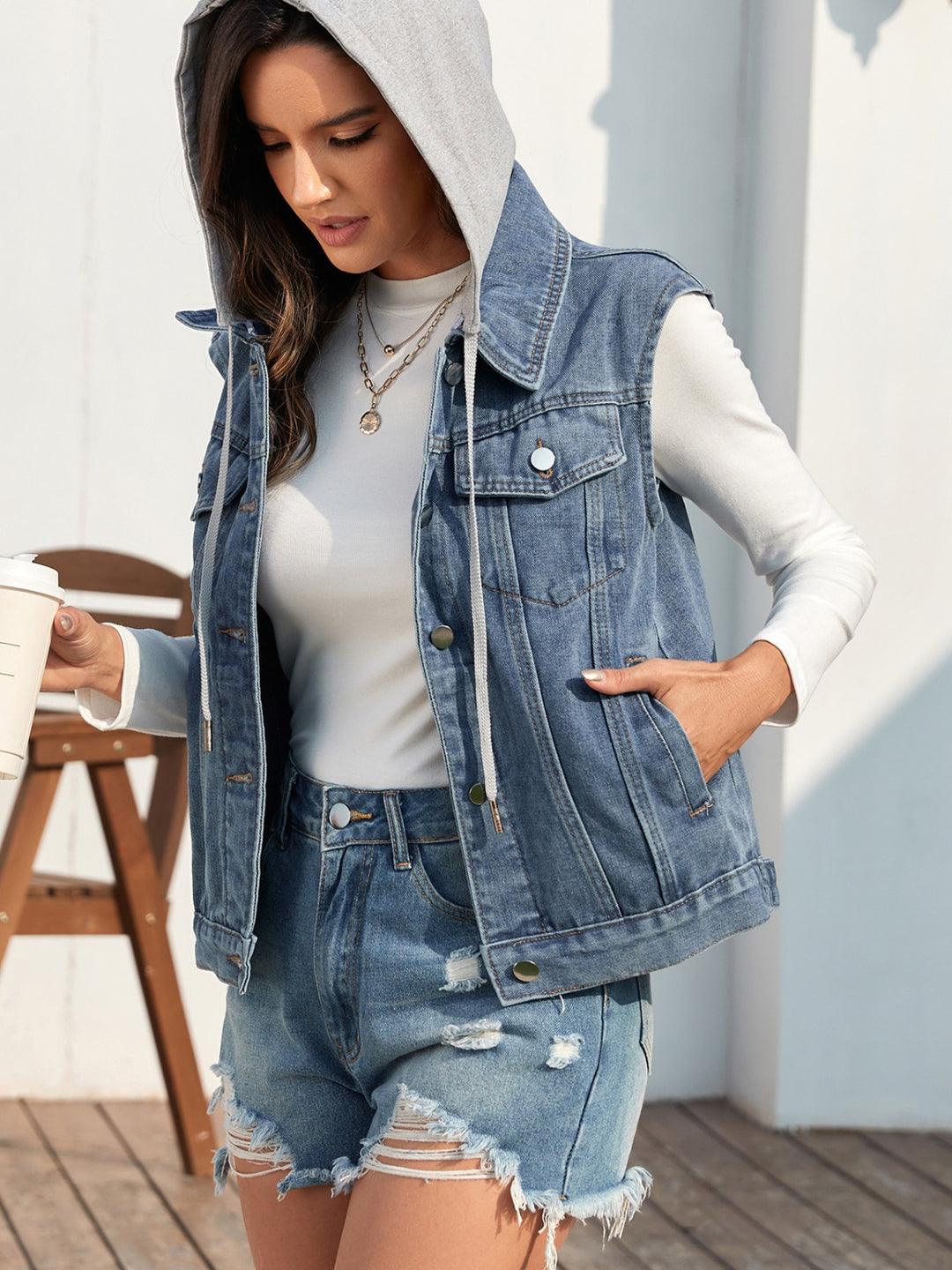 Button Up Hooded Denim Jacket