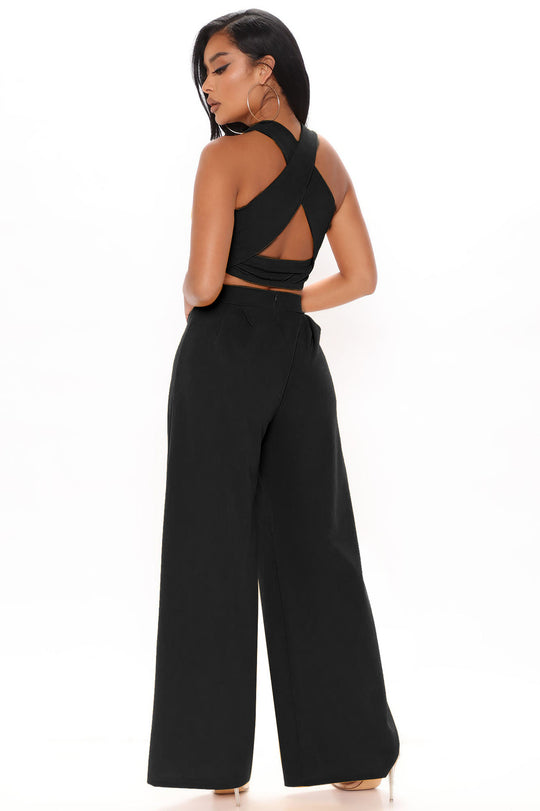 Cropped Tank Top Straight Flare Pants Casual Sports Two-Piece Set