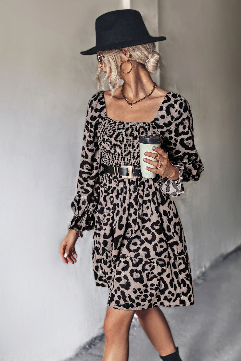 Autumn Classic Smocking Leopard Print Long Sleeve Dress