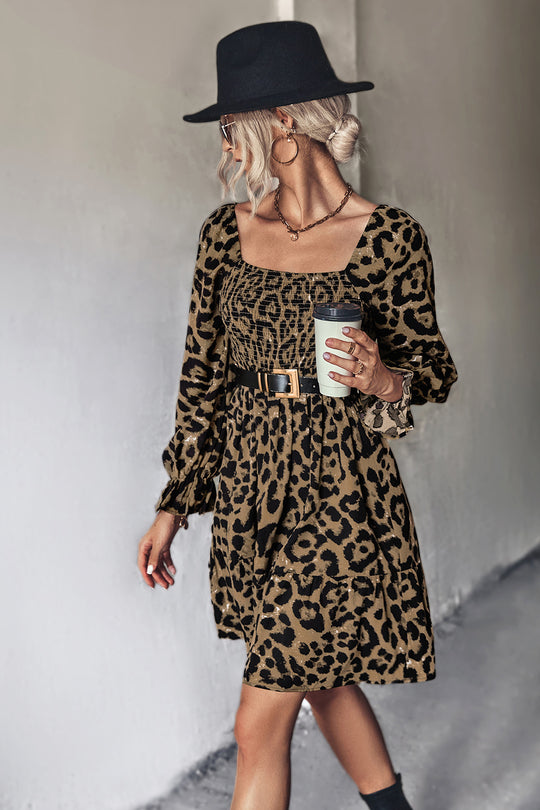 Autumn Classic Smocking Leopard Print Long Sleeve Dress