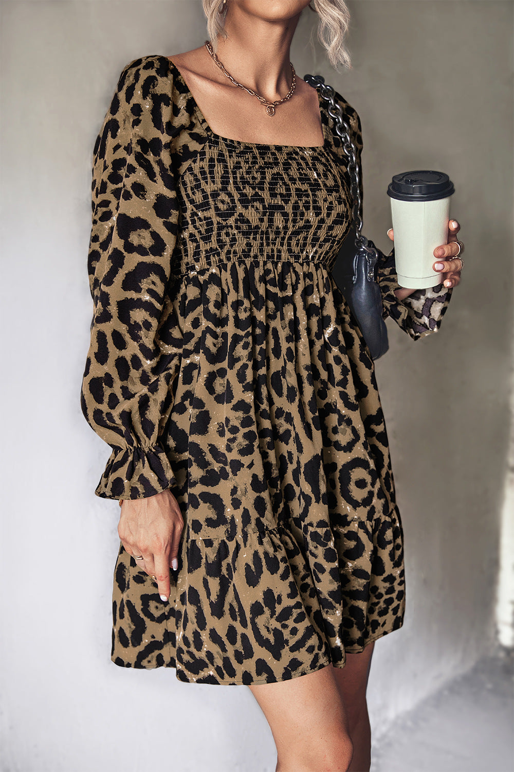 Autumn Classic Smocking Leopard Print Long Sleeve Dress