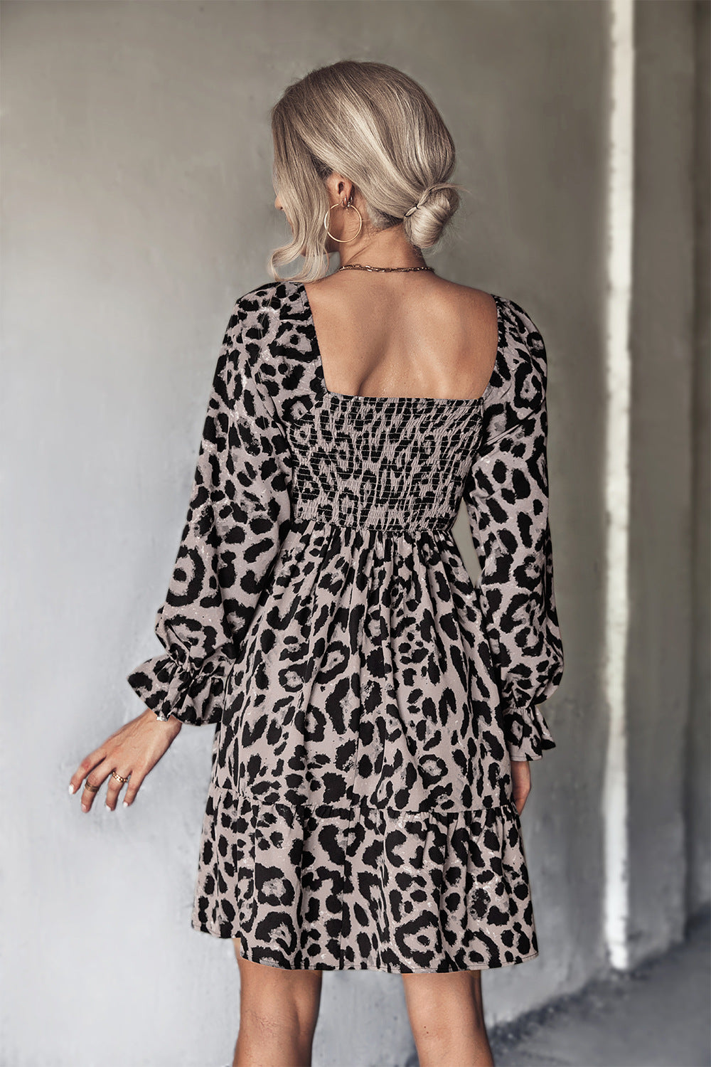 Autumn Classic Smocking Leopard Print Long Sleeve Dress