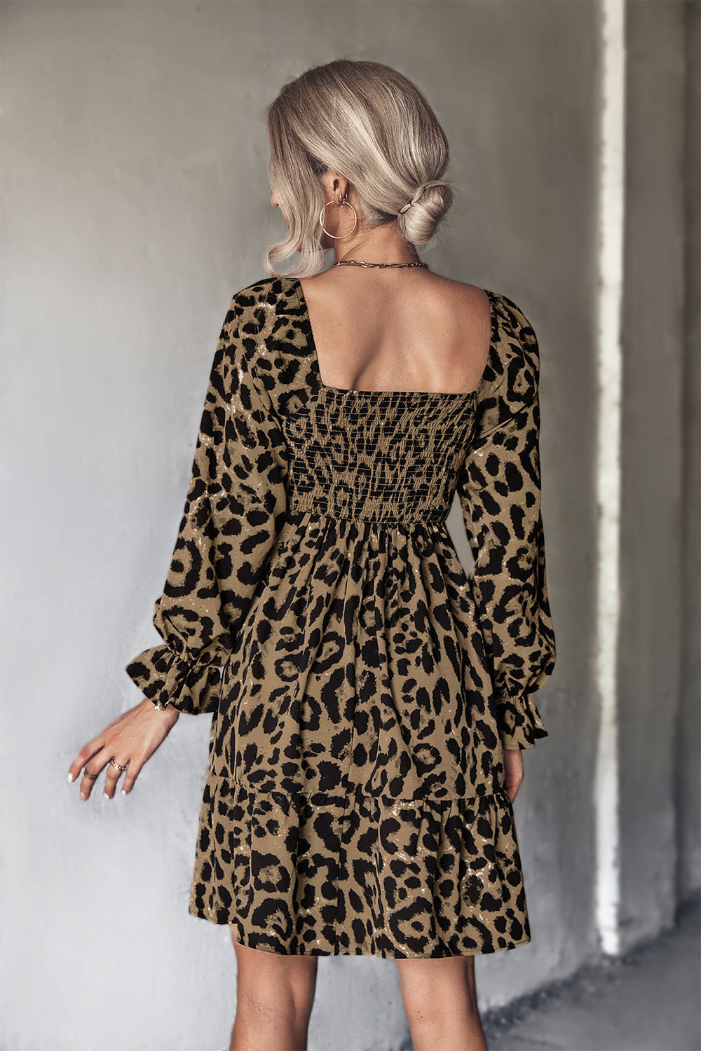 Autumn Classic Smocking Leopard Print Long Sleeve Dress