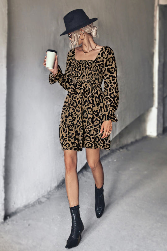 Autumn Classic Smocking Leopard Print Long Sleeve Dress