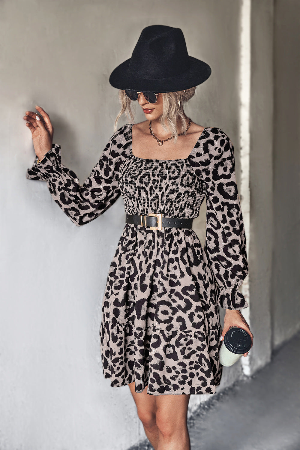 Autumn Classic Smocking Leopard Print Long Sleeve Dress