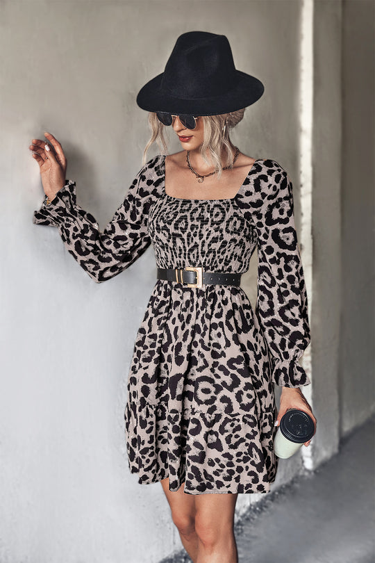 Autumn Classic Smocking Leopard Print Long Sleeve Dress