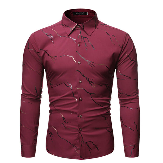 Men's Stand Collar Line Foil Print Long Sleeve Shirt