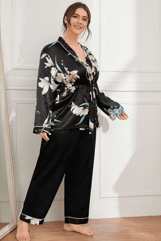 100% satin Floral Belted Robe and Pants Pajama Set