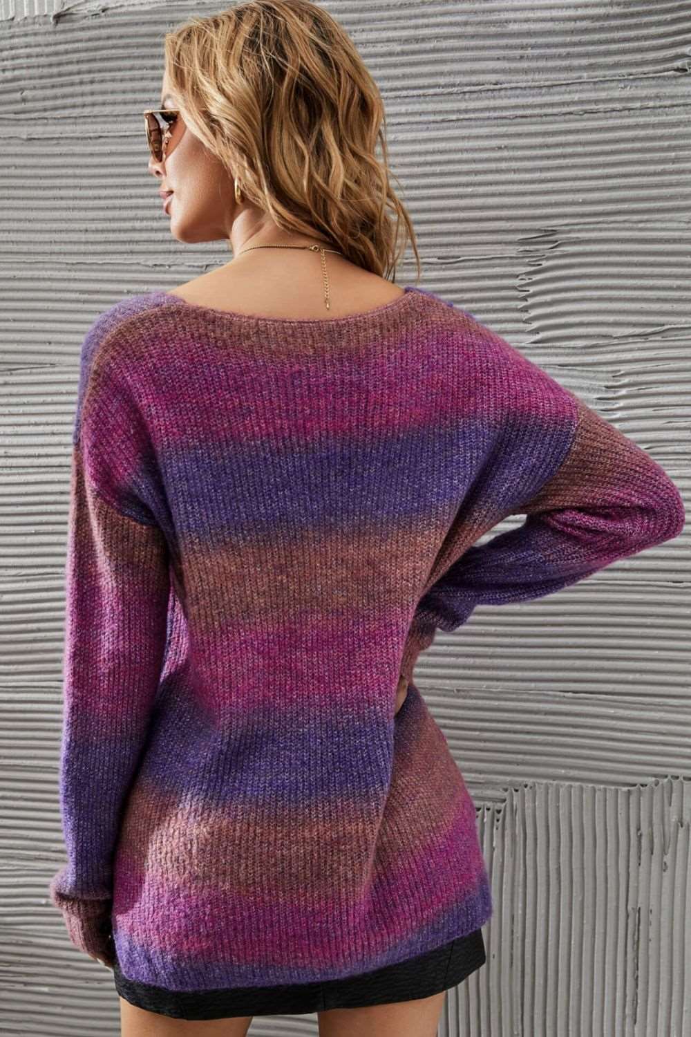 Beautiful Multicolored Rib-Knit V-Neck Knit Pullover