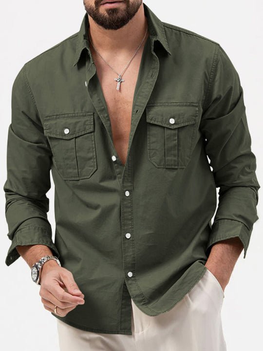 Men's new multi-pocket casual long-sleeved shirt