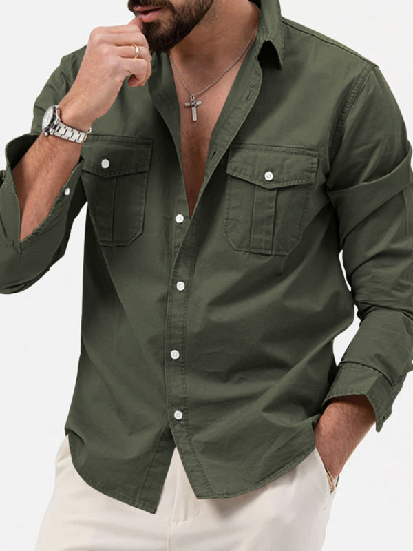 Men's new multi-pocket casual long-sleeved shirt  in green