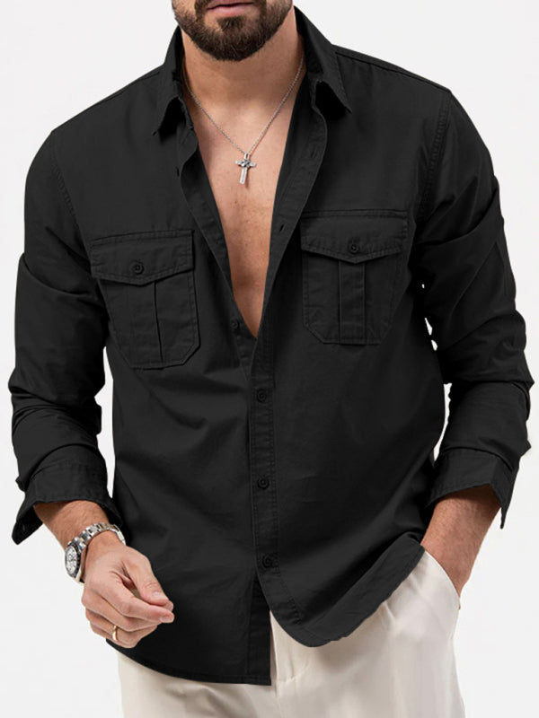 Men's new multi-pocket casual long-sleeved shirt