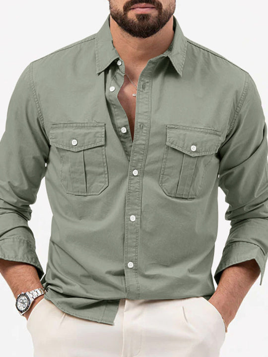 Men's new multi-pocket casual long-sleeved shirt