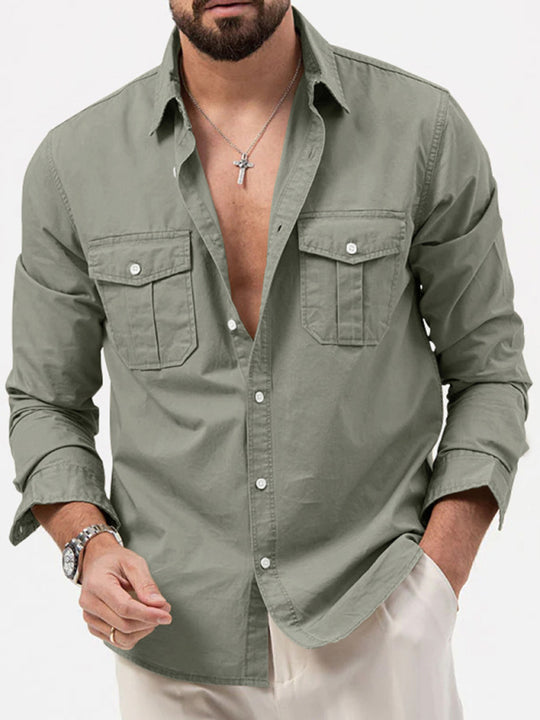 Men's new multi-pocket casual long-sleeved shirt