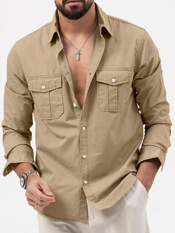 Men's new multi-pocket casual long-sleeved shirt