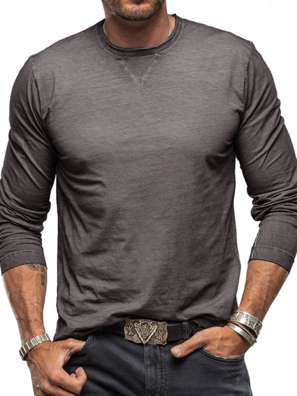 Men's new solid color round neck long sleeve cotton t-shirt