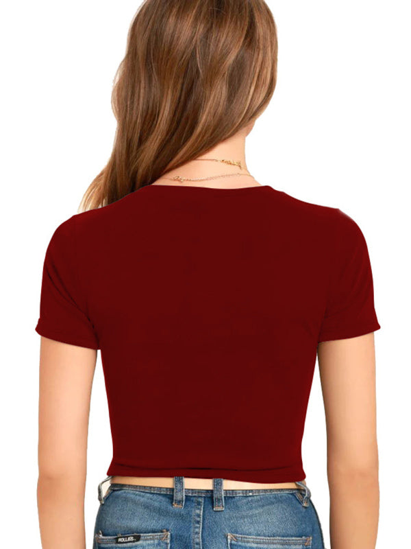 Women's Knitted Short Slim Fit T-Shirt with Navel and Knot