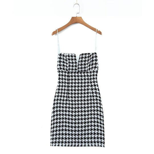 Houndstooth Knitted All Matching V neck Strap Dress