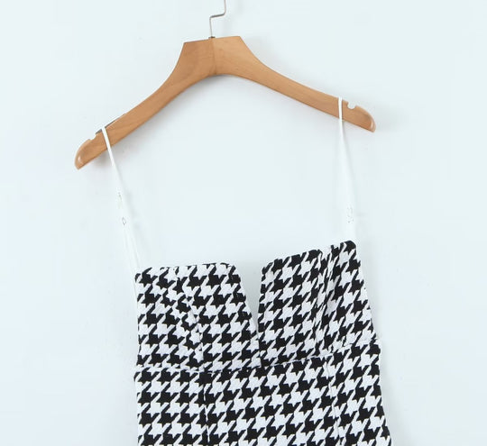 Houndstooth Knitted All Matching V neck Strap Dress