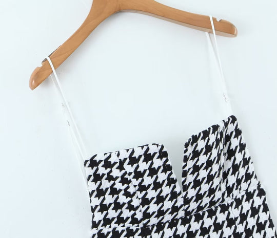 Houndstooth Knitted All Matching V neck Strap Dress