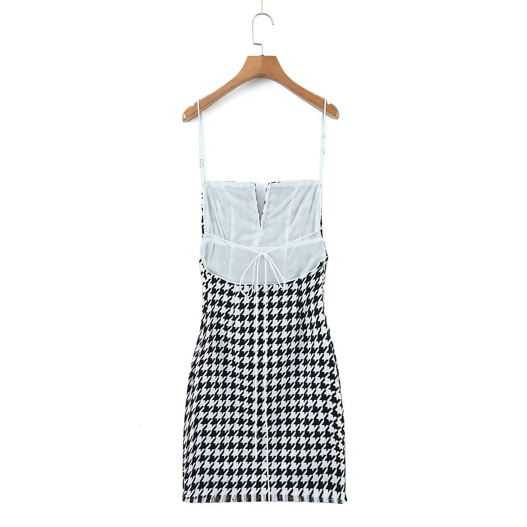 Houndstooth Knitted All Matching V neck Strap Dress