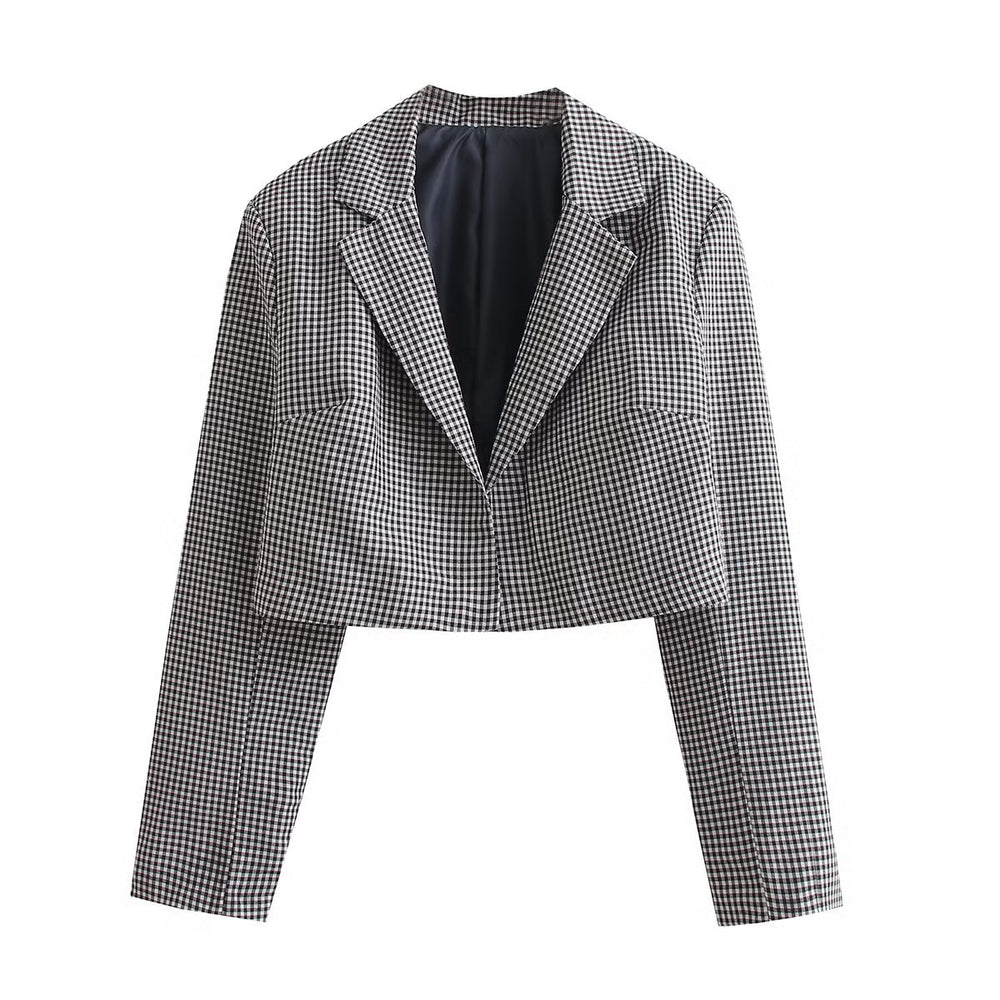 Classic Retro Check Short Blazer Outfit Women