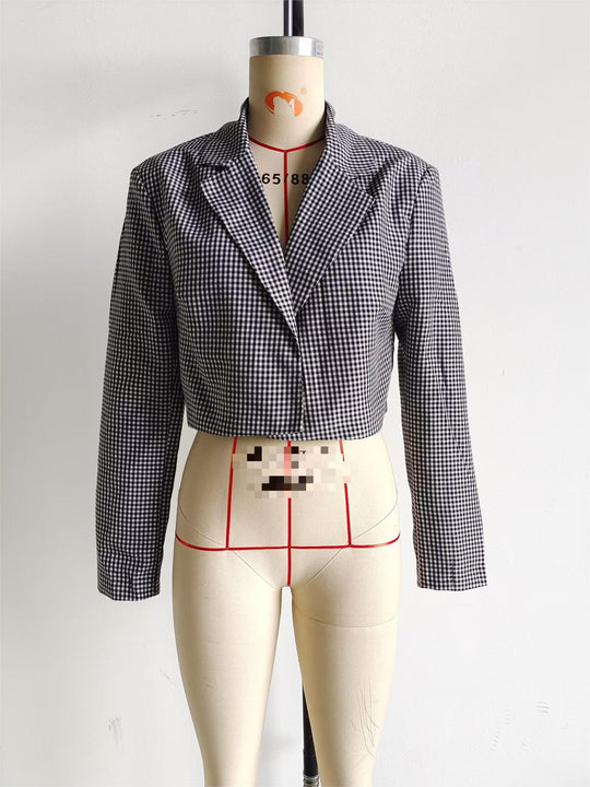 Classic Retro Check Short Blazer Outfit Women