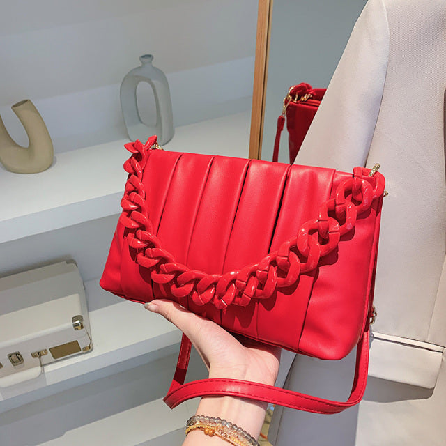 Crossbody Shoulder Bag Chain handle and designer pleats in red