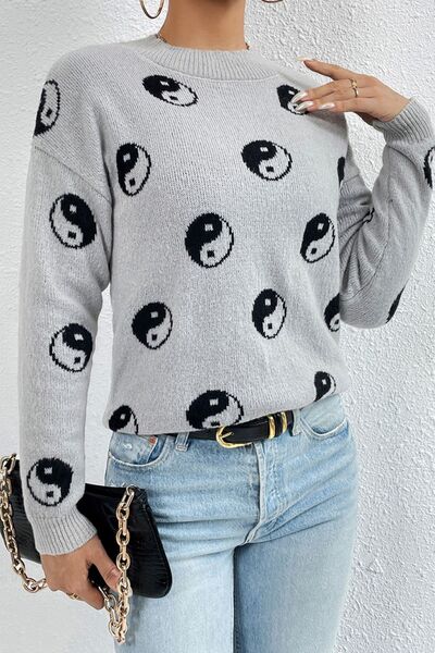 Warm and cozy graphic sweater in graphic prints such as yin and yang, mushrooms, and skull graphics, comes in gray, tan, and black colors with orange mushrooms