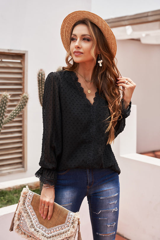 Spliced Lace Flounce Sleeve Blouse