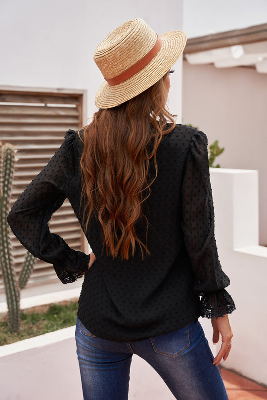 Spliced Lace Flounce Sleeve Blouse