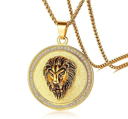 King of the Jungle Lion Pendant Medallion Necklace in 18K Gold Plated ITALY Made