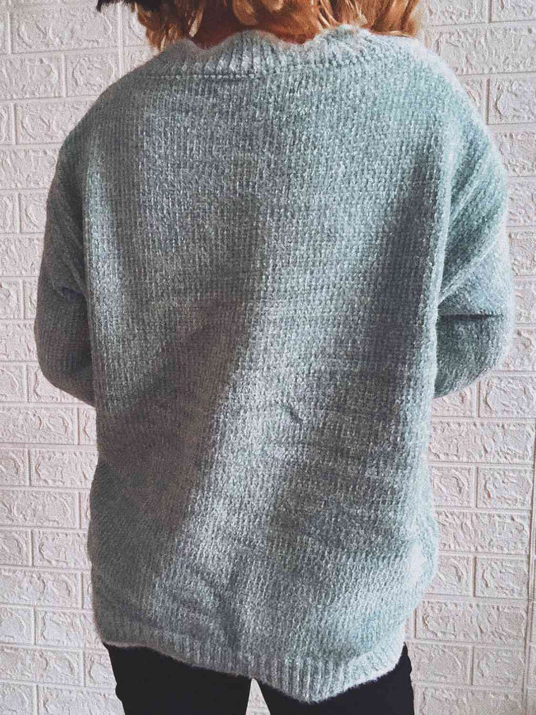 Notched Dropped Shoulder Long Sleeve Sweater