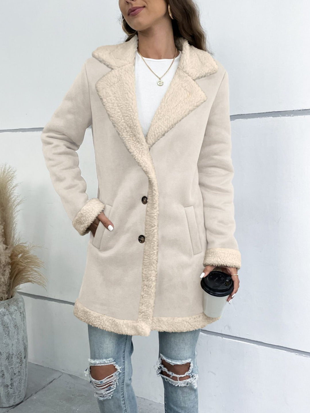 Lapel Collar Teddy Lining Longline Coat