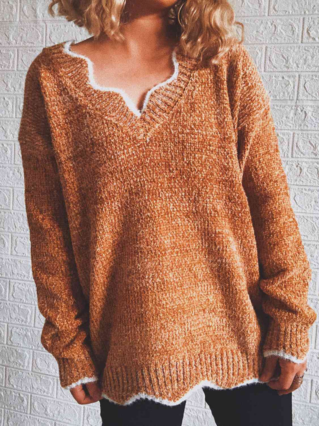 Notched Dropped Shoulder Long Sleeve Sweater