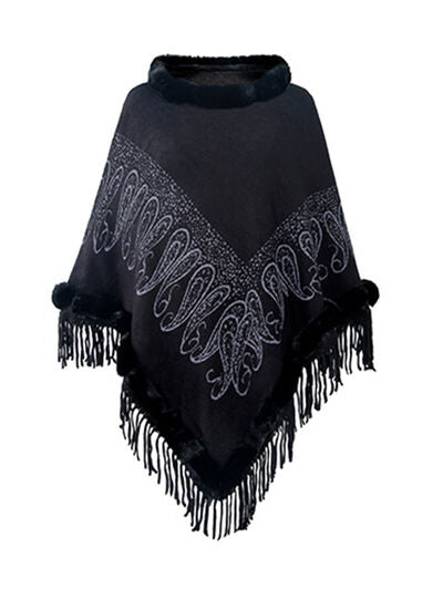 Graphic Fringe Cape Sleeve Poncho