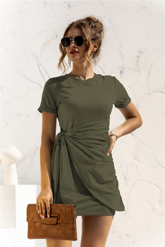 Round Neck Cuffed Sleeve Side Tie Dress