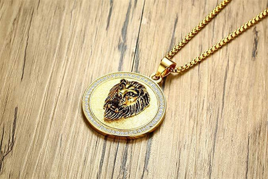 King of the Jungle Lion Pendant Medallion Necklace in 18K Gold Plated ITALY Made