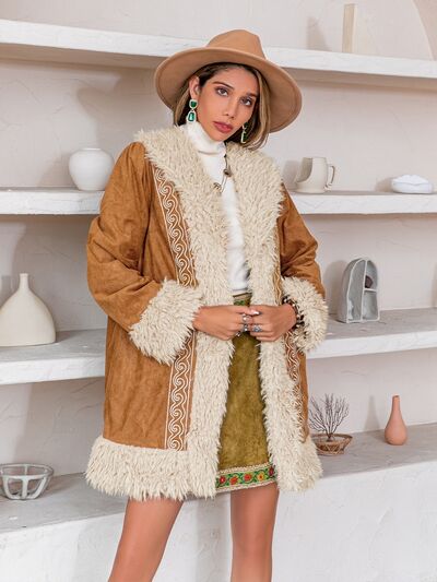 Fuzzy Open Front Long Sleeve Outerwear fur coat