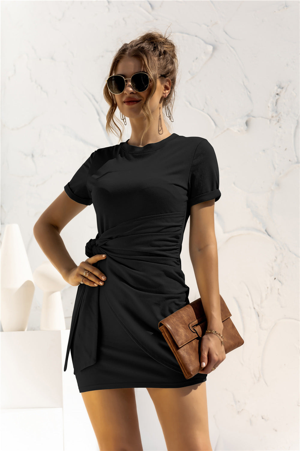 Round Neck Cuffed Sleeve Side Tie Dress