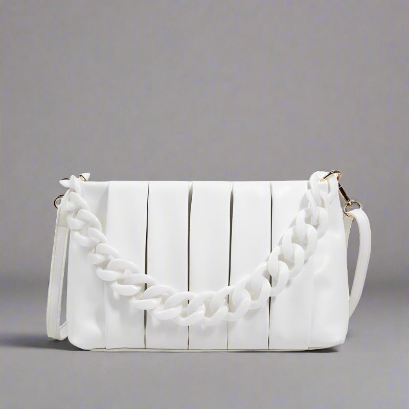 Crossbody Shoulder Bag Chain handle and designer pleats in white