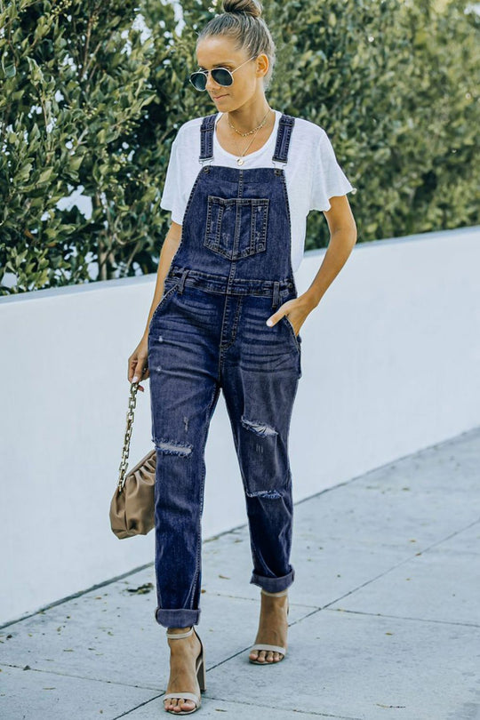 Stylistic brushed blue denim overalls