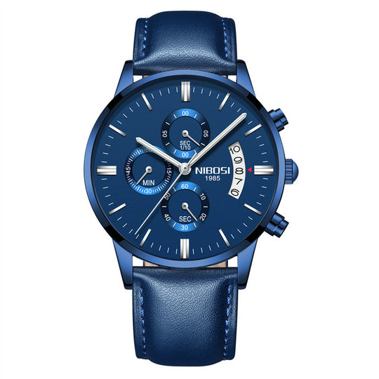 Men's Elegant Wrist Watches Blue in color with a blue leather strap