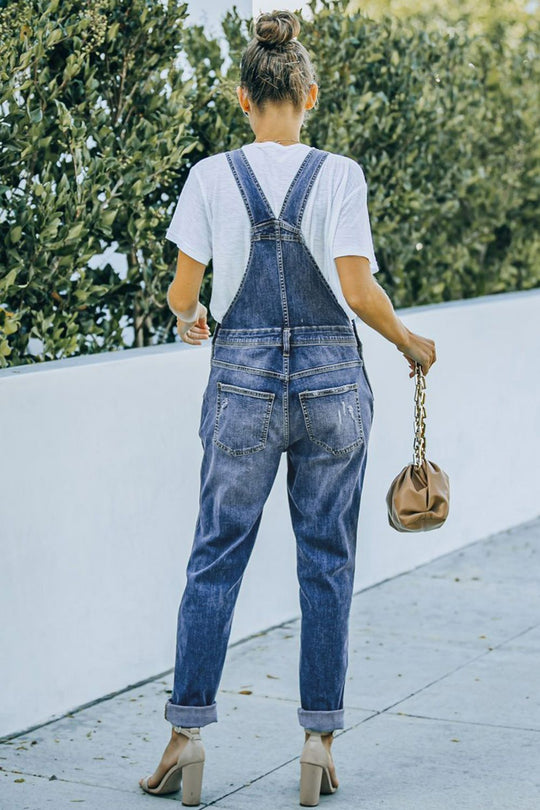 Stylistic brushed blue denim overalls