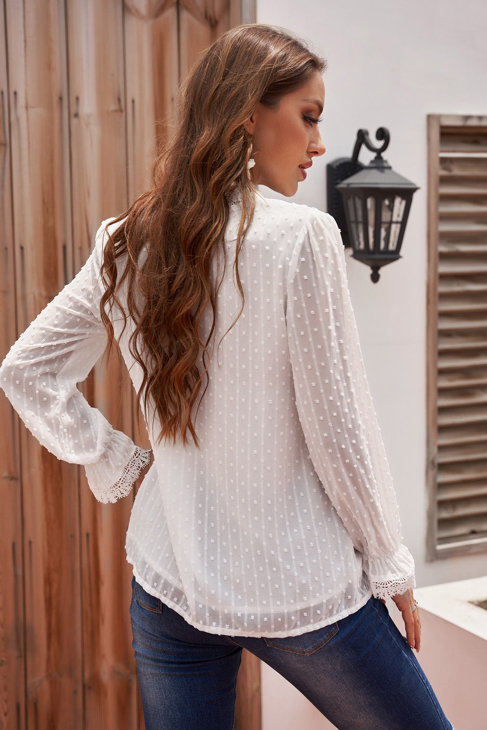 Spliced Lace Flounce Sleeve Blouse